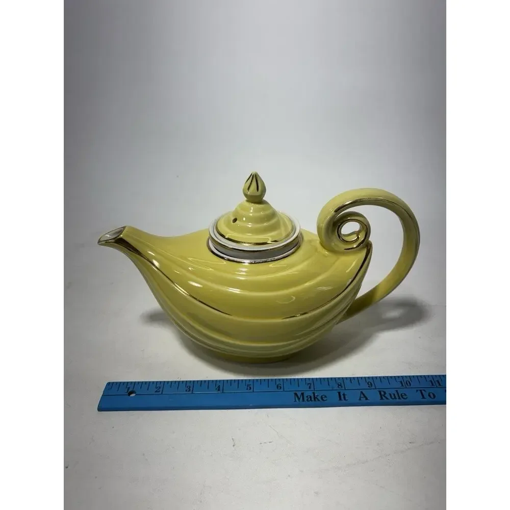 Vintage Hall China 6 Cup Teapot w/ Infuser Yellow Gold Trim USA Art Deco MCM